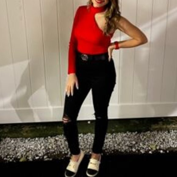 RED One Shoulder Skinny Bodysuit - Picture 8 of 12